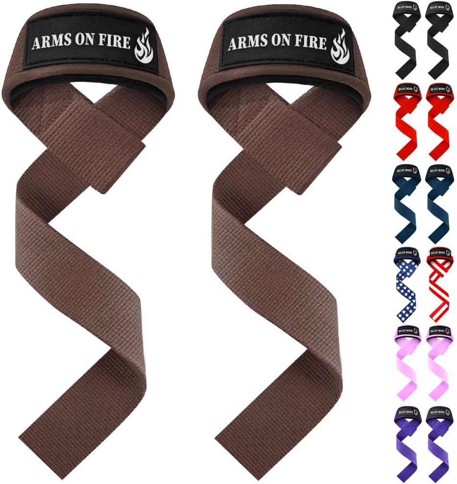 2 x TECEUM Lifting Straps for Weightlifting Gym Strength Training - Wrist Straps with Neoprene Padded Cotton - Men & Women  Ideal for Powerlifting, Bodybuilding & Deadlifts (18" - Arms on Fire, Brown)