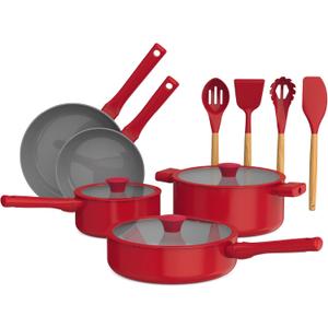 So Yummy by bella 12 Piece Cookware Set w EverGood Ceramic Nonstick Coating and Silicone & Wood Utensils, Dishwasher Safe Silicone & Glass Lids, Oven Safe & All Stovetop Compatible, Red