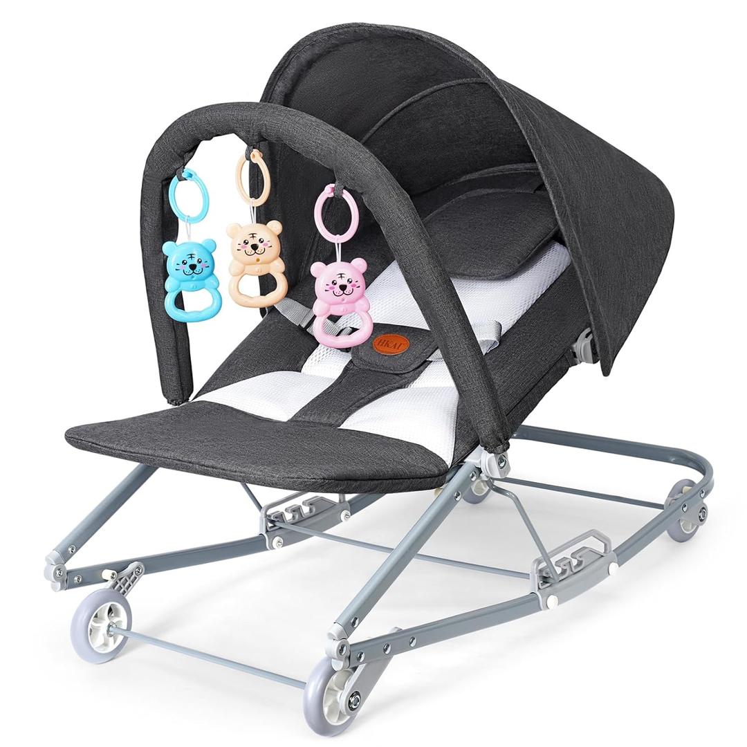 HKAI Rocking Baby Bouncer with Canopy, 2-Mode Rocking & Rolling Infant Seat, Portable Baby Chair for 0-18 Months, Grey