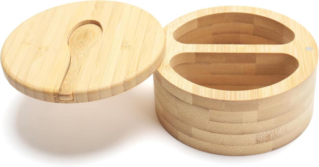 Bamboo Salt Cellar with Lid, 9oz Small Salt Bowl for Kitchen, Bamboo Salt and Pepper Bowls with Spoon, Salt Box for Food Storage Container