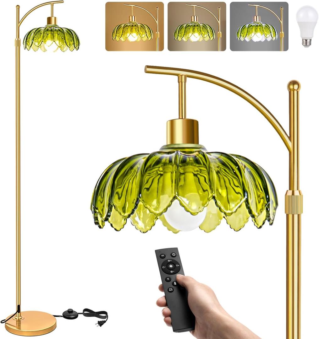 Gold Floor Lamps for Living Room: Tall Standing Lamp for Bedroom Office, Arc Mid Century Modern LED Floor Lamp with Remote, Vintage Boho Dimmable Green Flower Lamp for Corner
