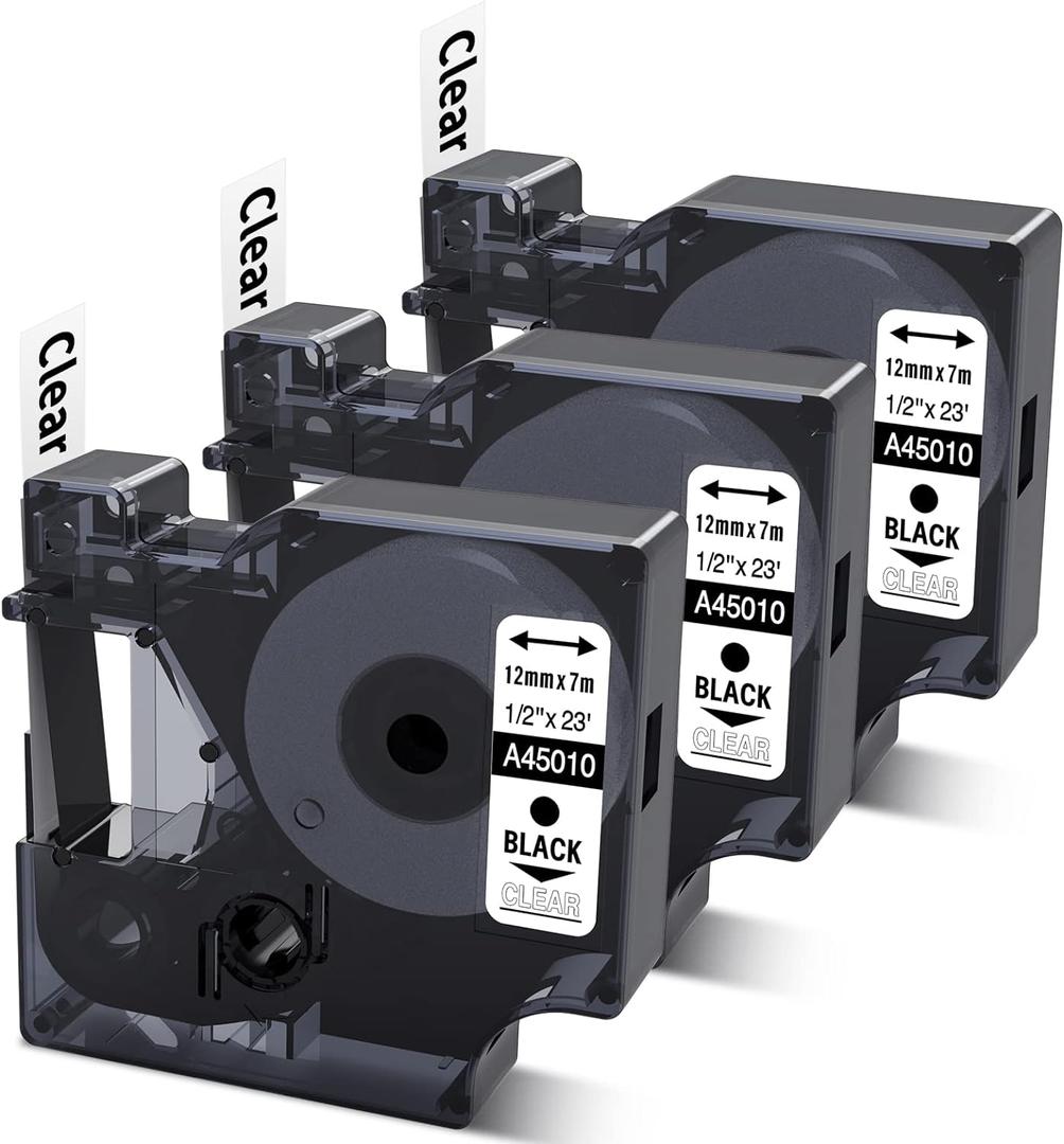Compatible DYMO D1 Label Tape Black on Clear Replace for DYMO Label Maker Refills 45010 S0720500, 1/2Inch x 23Ft for Dymo LabelManager 160 210D 280 360D Labeler, 3-Pack