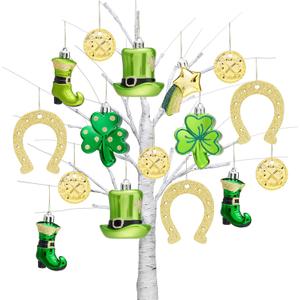 Valery Madelyn St Patricks Day Decorations Shamrock Tree Ornament Set, 20ct Hanging Ball Ornament Irish Festival Decor, Good Luck Clover Hat Shoes Green Gold Ball Baubles for Party Home Spring