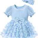 Qaoerde Baby Girl Dress Puff Sleeve Tutu Dress Butterfly Tulle Dress Flower Girl Birthday Party Princess Dresses (Blue)