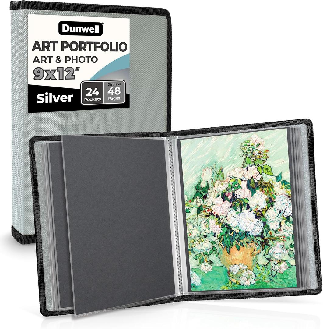 Dunwell Art Portfolio 9x12 Folder (Silver), Black Mounting Paper, Portfolio Binder for Artwork, 9 x 12 Art Folder, 24 Pockets Display 48 Pages, Acid-Free Poly Presentation Book, 9x12" w/ BLK Paper