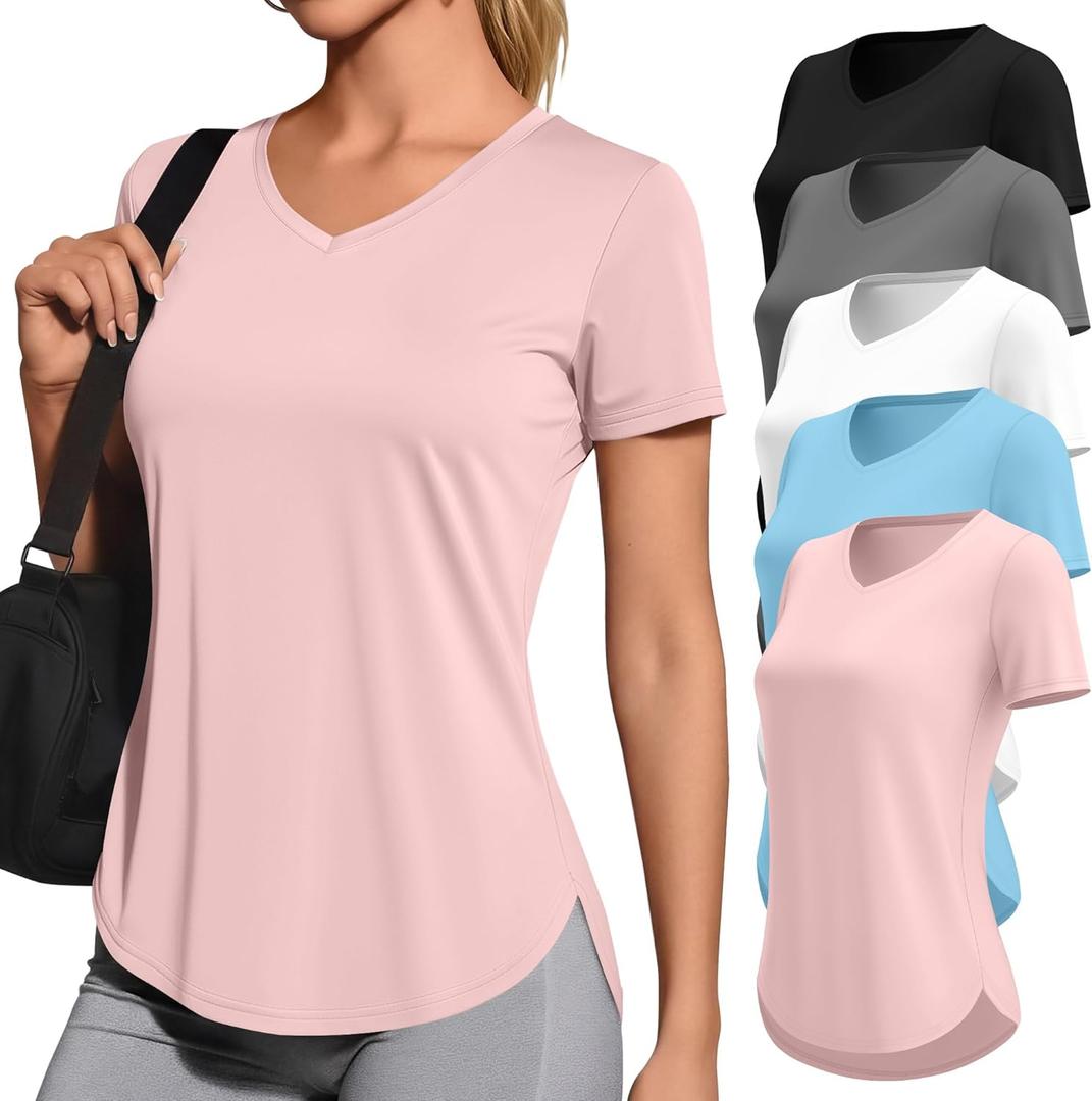 Locoowai 5 Pack Women's Workout Shirts V Neck Quick Dry Tops UPF 50+ Short Sleeve UV Gym Basic Tee Side Slits Curved Hem