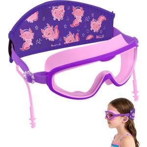 Axolotl Toddler Swim Goggle，Fabric Strap Pain-Free, Anti-Fog，Anti-leakage earplugs for Boys and Girls