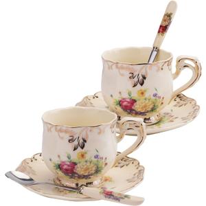 Foraineam Set of 2 Tea Cup and Saucer, 8 oz. Flowering Shrubs Ivory Ceramic Coffee Cup Fancy Floral Porcelain Tea Cup Set with Saucer and Spoon