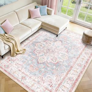 Machine Washable Rugs Nursery Rug 8x10 Cute Girl Non Slip Low Pile Water Repellent Soft Print Pattern for Bedroom Indoor Decor Kids Playroom Pink Blue