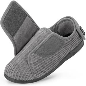 HomeTop Women's Corduroy Slippers Comfy Adjustable Hook and Loop Memory Foam Indoor Closed-back House Shoes for Diabetic Swollen Feet (10, Ultimate Gray)