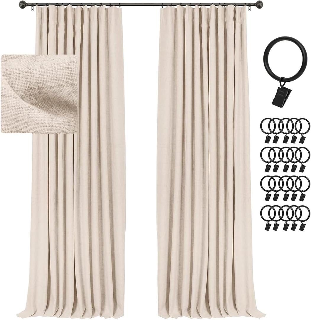 INOVADAY 100% Blackout Curtains for Bedroom, Black Out Curtains 108 Inch Long, Clip Rings Linen Blackout Drapes, Thermal Insulated Room Darkening for Living Room, 2 Panels - Beachsand, (50"W x 108"L (Pack of 2))