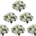 LoveCat Artificial Flower Centerpieces for Tables: 6pcs of Rose Flower Balls, Flower Kissing Balls, Fake 15-Head Plastic Flower Roses with Base for Birthday Party Christmas Home Wedding Decor (White)