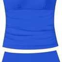 TyeSmo Girls Swimsuit Solid Color Tankini Contrast Trim Swimwear 2 Piece Bathing Suit Padded Swimsuits for Teens 13-14Y, Blue 