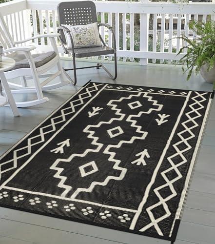 Uphome Outdoor Rug Mat Waterproof 5x8 ft, Reversible Outdoor Plastic Straw Rug, Black Boho Patio Rug, Foldable RV Camping Rug, Indoor Outdoor Area Rug for Backyard Deck Pool Balcony Picnic, 5'x8'