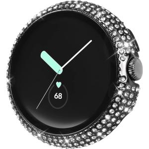 Compatible for Google Pixel Watch 3 41 mm/Pixel Watch 2/1 Case with Screen Protector, Bling Protective Face Cover Tempered Glass Bumper Diamond Rhinestone Thin Hard PC Plated Frame (Black)