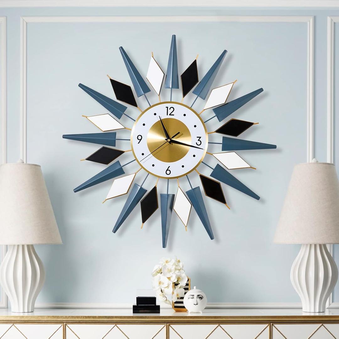 24 Inch Modern Metal Wall Clock Unique Design, Large Silent Battery Operated Non Ticking, Wall Clock for Living Room Kitchen Office Decor (Nary&white)
