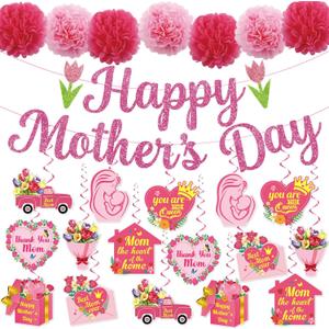 Mother Day Party Decorations, 41Pcs Mothers Day Decorations for Office include Happy Mother Day Banner and Mother's Day Decorations Hanging Swirls, NO-DIY Glitter Happy Mothers Day Decorations Outside