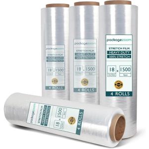 PackageZoom 4 Rolls Clear Stretch Wrap Film 18 x 1500 feet Plastic Wrap for Moving, Packing, Shipping & Storage Heavy Duty Industrial Cling Film for Boxes and Furniture