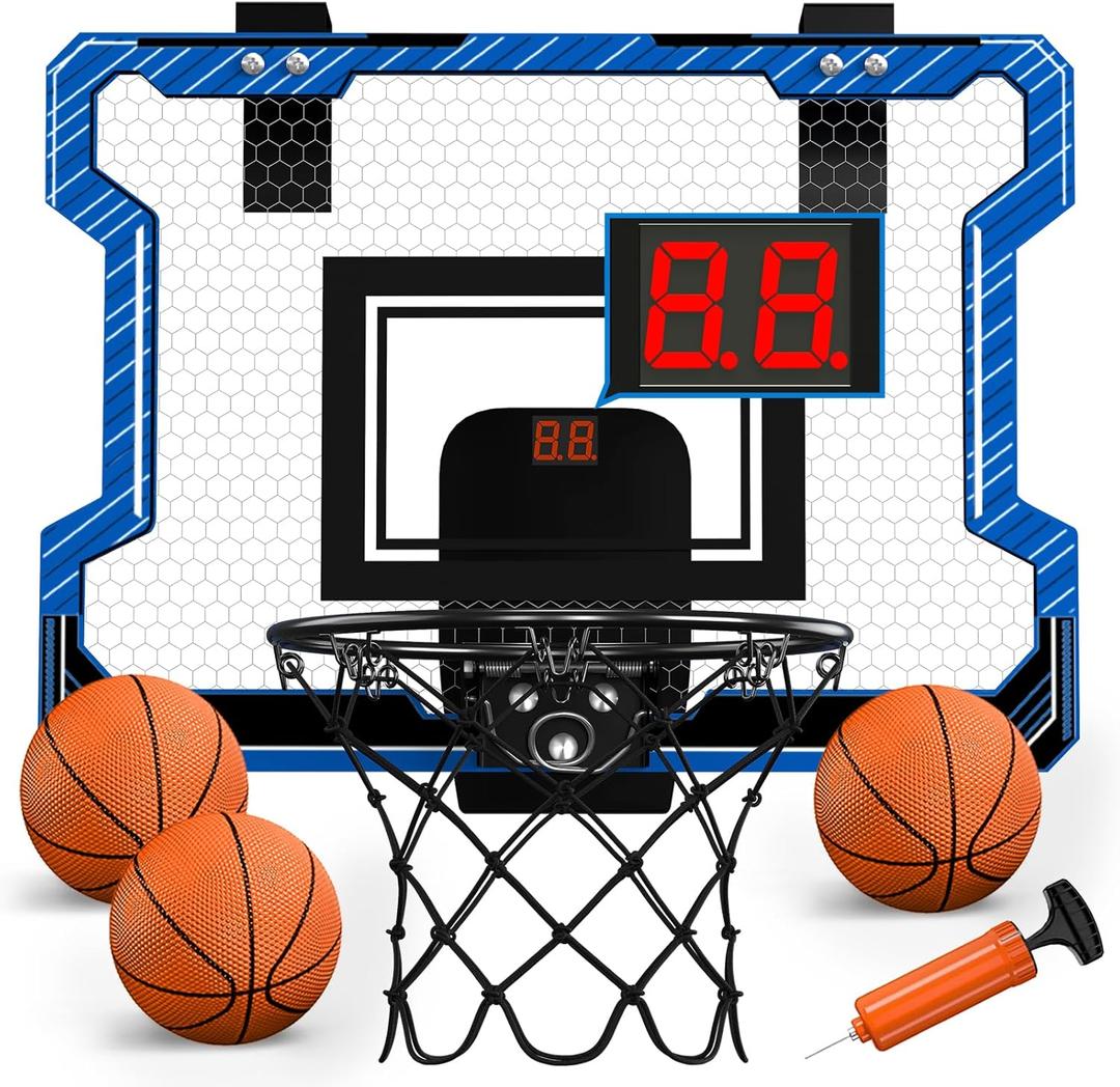 Indoor Basketball Hoop for Kids, Remote Control Basketball Hoop Indoor with Electronic Scoreboard/7Color LED Lights/2 Modes/3 Balls, Foldable Design, Cool Basketball Gifts for Boys 812 (Blue)