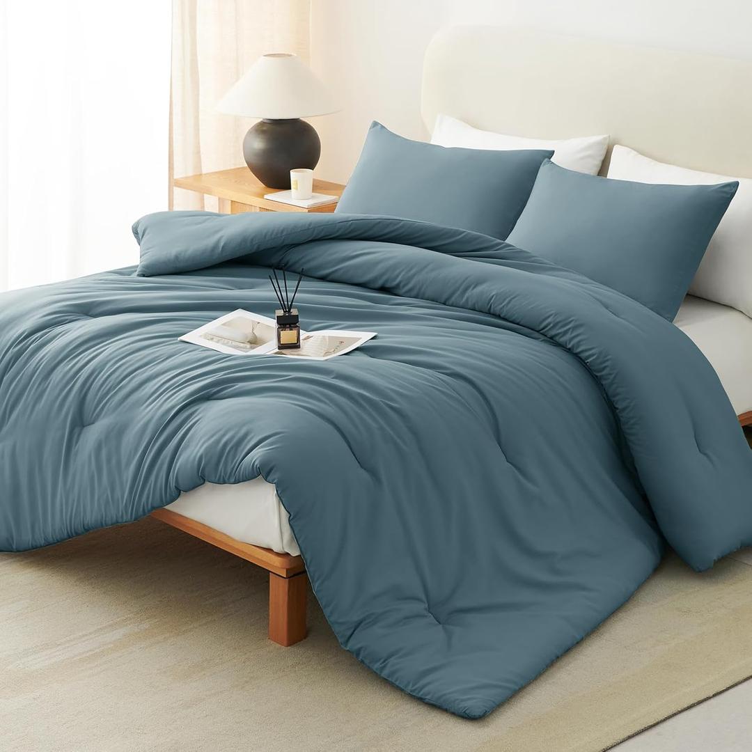 CozyLux Full Size Comforter Set Mineral Blue, 3 Pieces Lightweight Down Alternative Quilted Bedding Sets, All Season Soft Breathable Solid Comforter with 2 Pillowcases, Luxury Bed Set Gift for Home