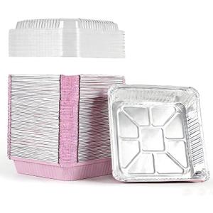 (40 Pack) 8x8 Square Aluminum Baking Cake Pans with Clear Lids - Pink Foil Pans with Lids - Disposable Food Containers Great for Cooking, Heating, Storing, Prepping Food