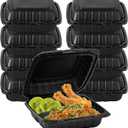 8" X 8" 3-Compartment To Go Food Take Out Containers Boxes With Lids | 50 Pack Microwaveable Black Mineral-Filled Disposable Togo Plates Clamshell Containers With Dividers For Lunch Home Carry Away