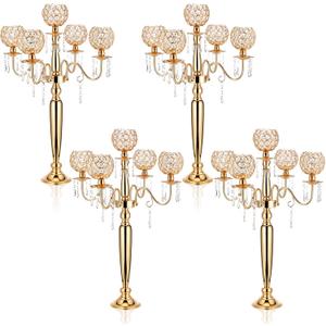 Tessco for you 4 Pcs 5 Arm Crystal Candelabra Centerpieces for Tables 29.5 Inch Gold Candle Holders for Table Centerpiece Tall Crystal Candle Holders for Wedding Party Christmas Assemble by Yourself