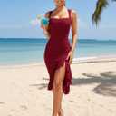 BORIFLORS Women's Sexy Ruched Bodycon Midi Dresses Square Neck Sleeveless Ruffle Hem Club Party Tank Dress (Red, M)