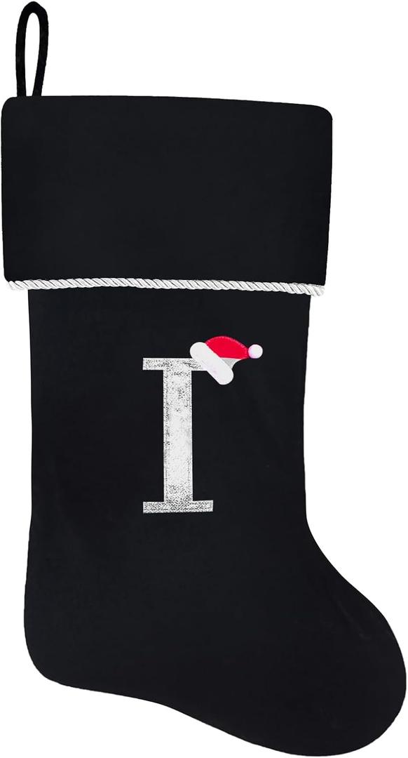 20 Inches Initial Monogram Black Christmas Stocking, Personalized Large Embroidered Letter Velvet Christmas Stocking with Gold Trim Decoration for Family Christmas Holiday Party Decor(Letter I)