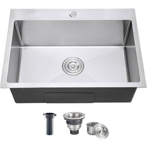 28 Inch Drop in Kitchen Sink, 18 Gauge 304 Stainless Steel Topmount Single Bowl Single Faucet Hole Handmade Kitchen Sink, 28" x 18" x 9"