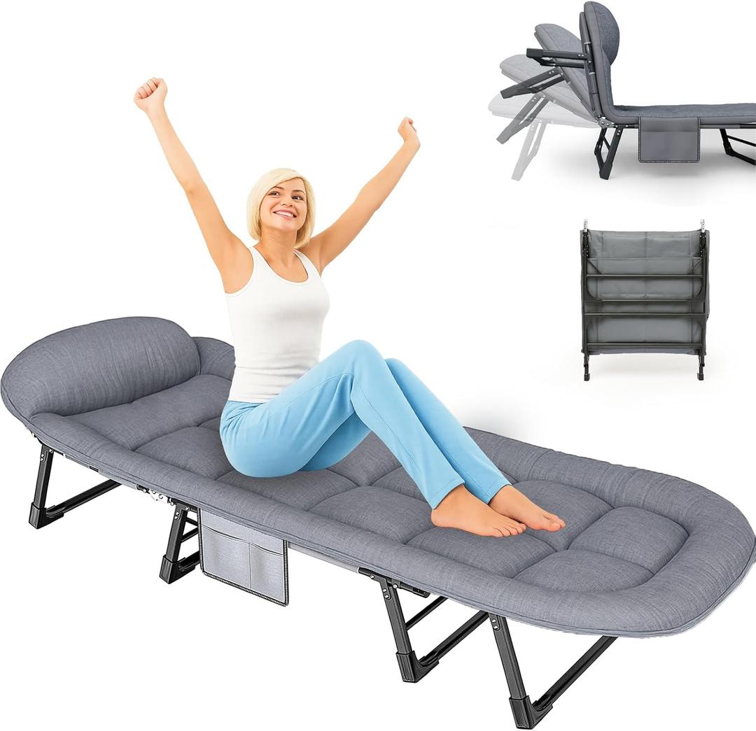 SnozeFlex Oxford and Steel Frame 6-Angle Adjustable Foldable Bed Folding Camping Cot Bed with Extra Wide Padded Mattress Support for Adults Outdoor Travel Tent Use(Gray, Extra Large - 80 * 28")