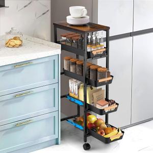 Slim Storage Cart, 5-Tier Narrow Rolling Kitchen Laundry Room Cart with Drawer and Wheels, Metal Utility Cart Slide Out Organizer for Small Spaces (Black)