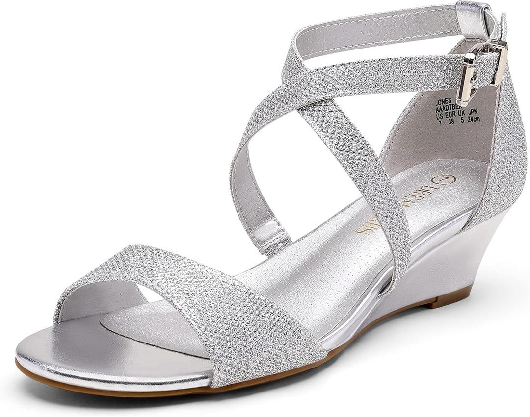 DREAM PAIRS Women's Low Wedge Sandals Ankle Strap Heel Sandal Open Toe Dress Summer Shoes, Size 9, Silver, Jones
