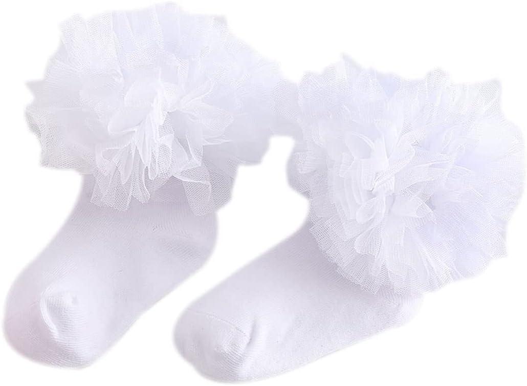 3 x Girl Lace Tutu Socks Baby Toddler Girls Eyelet Ruffle Lace Dance Dressy Socks 2-8T (White)