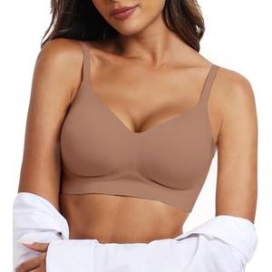 OEAK Womens Seamless Bra Push Up V Neck Bralettes Adjustable Wireless Padded Comfort Bras Adjustable Basic Everyday Bras XXL Coffee