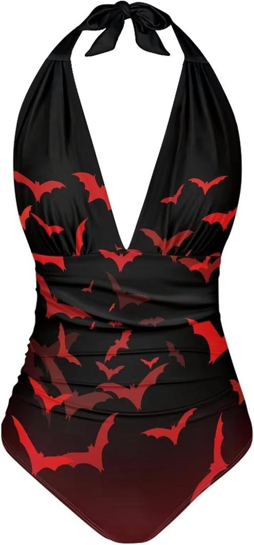 One Piece Bathing Suit for Women Custom Tummy Control Bathing Suits Trendy Summer Beach Wear (Medium, Red Gothic Bat)