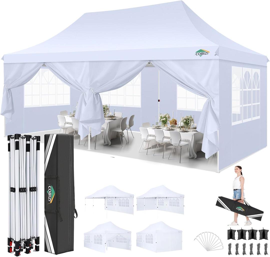 COBIZI 10x20 Pop Up Canopy with 6 Sidewalls, Conical Party Tent 10x20 with 3 Adjustable Height Waterproof, UV-Resistant with Carry Bag, Sandbag, Stake, Tents for Parties, Commercial (Frame Upgraded) (White)