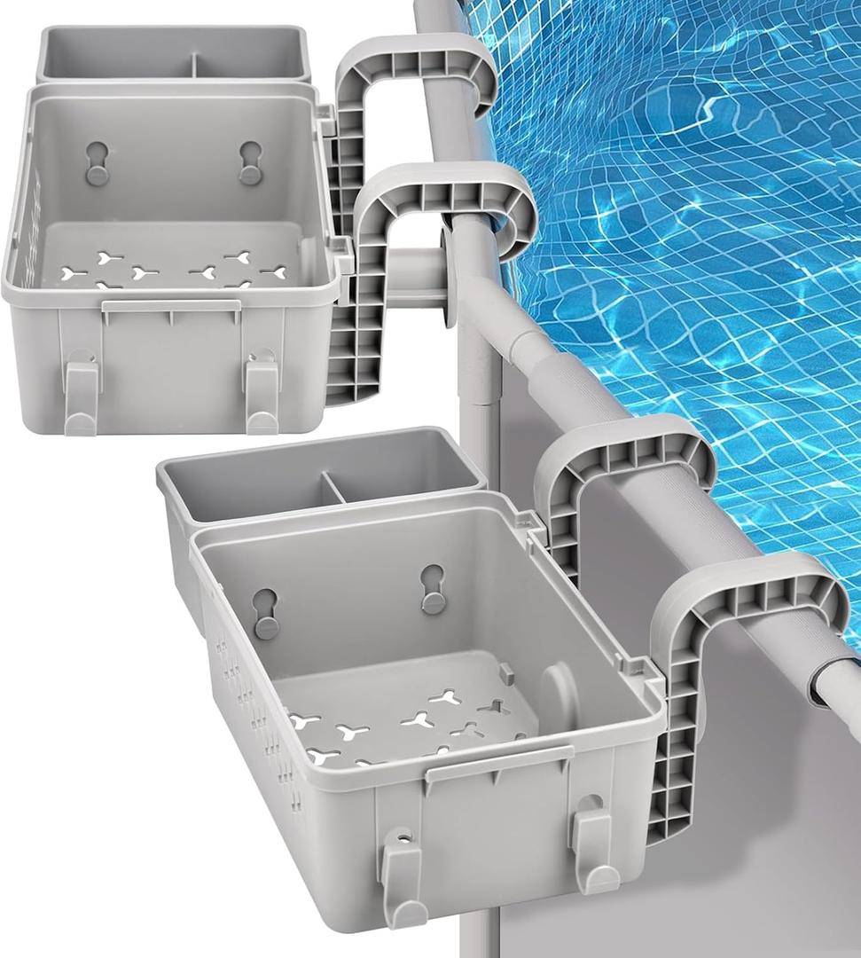 Pool Storage Basket 2 Pack Grey Recycled Plastic with Cup Holder and Hooks, Pool Accessories, Side Basket for Above Ground Pool