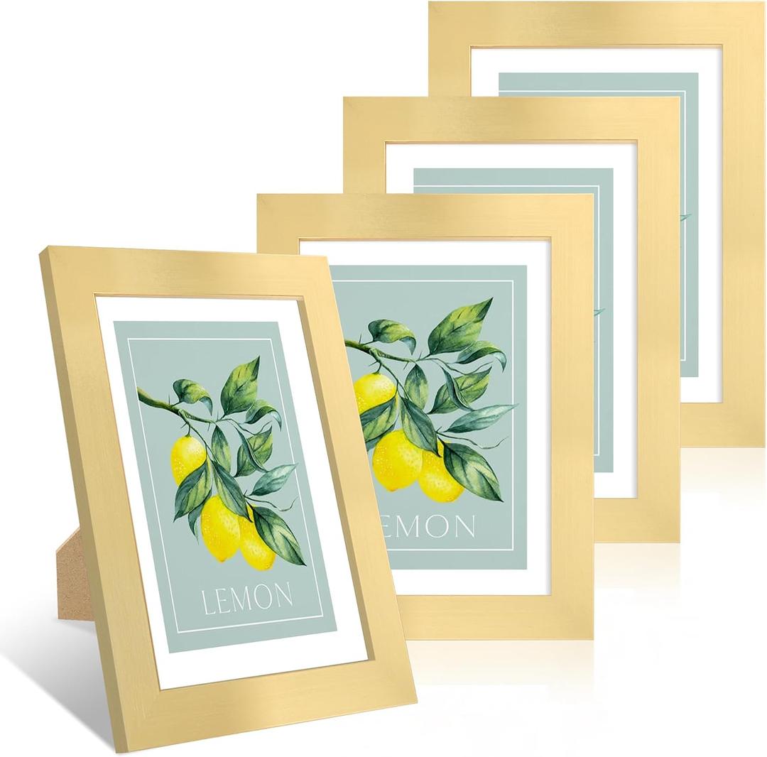 2 x 5x7 Picture Frame Set of 4, 5 x 7 Wood Photo Frames with Mat for 4x6, Wooden Frame with Real Glass Cover for Wall and Tabletop Display,Gold
