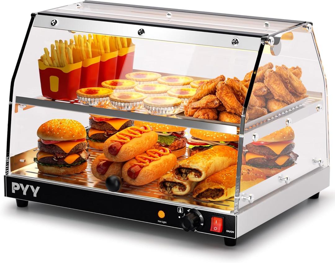 PYY Food Warmer Commercial - Countertop Pizza Warmer Countertop 2-Tier with LED Lighting Food DisplayWarmer Disaplay Case for Pastry Pretzel