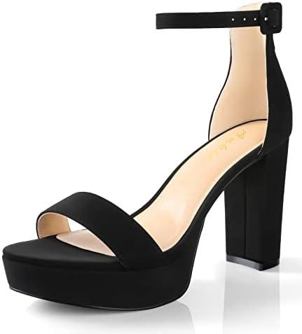 Ankis Chunky Platform Heels - 4 Inch Block Heeled Sandals for Women - Comfortable Open Toe Strappy Heels - Black, Nude, White, Silver, Gold - Summer Dress Shoes Size 7.5