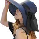 YQHMT Women Beach Sun Hats, Big Wide Brim Straw Hat for Women UPF 80+ UV Protection, Summer Hats Packable Foldable (Dark Blue)