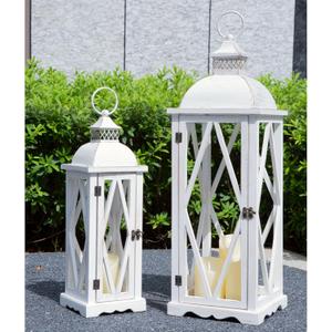 Perfnique Farmhouse Outdoor Lanterns for Patio, Set of 2 White Rustic Lanterns Decor, Vintage Hanging Candle Holder Decorative for Porch, Garden, Yard, Indoor (No Glass)