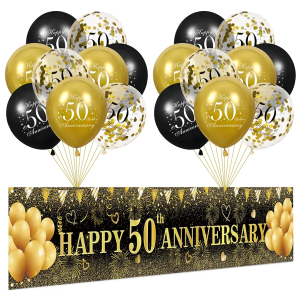 Black Gold 50th Anniversary Decorations - Yard Banner and 18pcs Balloons for Wedding Party Supplies