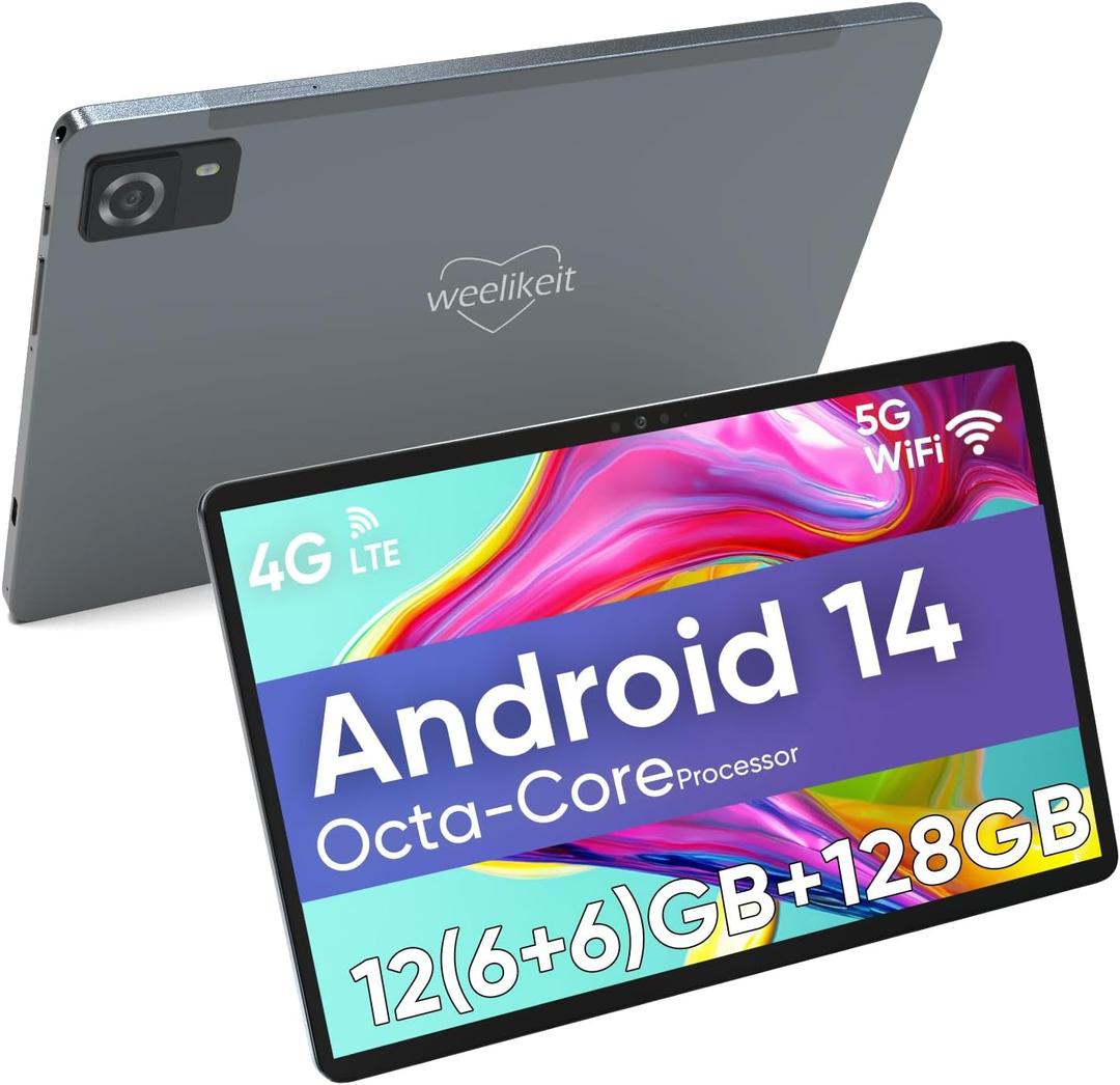 weelikeit Tablet 10 inch, Android 14 Tablets with Octa-Core Processor 12GB(6+6) RAM 128GB ROM, 1200x1920 FHD Screen, 5G WiFi, 5MP+13MP Dual Camera, Bluetooth 5.0, 7000mAh Battery (Gray)