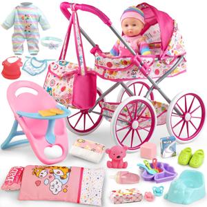 Baby Doll Stroller Toys Set with 12.5" Baby Doll,Dining Chair,Quilt Pillow,24 PCS Doll Accessories and 2 Sets Doll Clothes,Baby Stroller Toys for Girls Toddlers 3-5 4-6 5-7 Gifts for Pretend Play