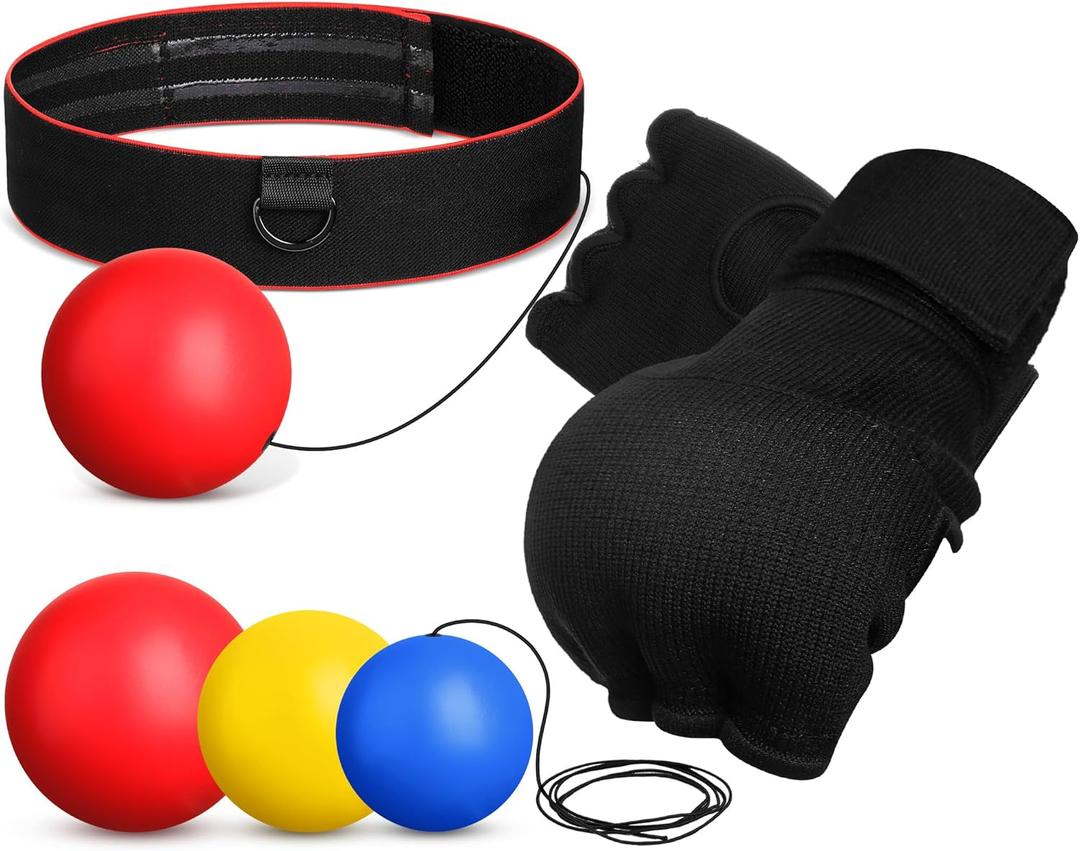Boxing Reflex Balls Set 3 Different Balls Adjustable Headband Boxing Gloves Gift Men Teen for Punching Speed Hand Eye Coordination Training Boxing Equipment (Red Yellow Blue)