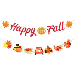 Happy Fall Banner Thanksgiving Decorations - Colorful Glitter Pumpkin Turkey Maple Sign Hanging Paper Garland Bunting Banner, Autumn Photo Backdrop Party Supplies for Wall Home Mantle Office Wall