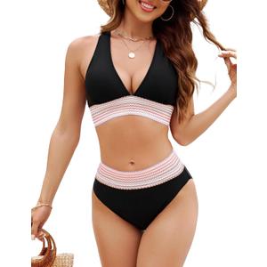VIMPUNEC Womens High Waisted Bikini Sets Tummy Control Swimsuit Two Piece Color Block Bathing Suit (Medium, Black)