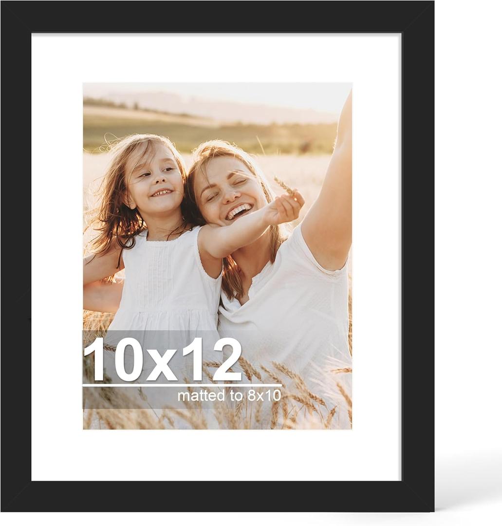 10x12 Picture Frame with Glass, Display Pictures 8x10 with Mat or 10 x 12 without Mat - Wall and Tabletop, 10 by 12 Photo Wooden Frames (Black, 1 Pack)